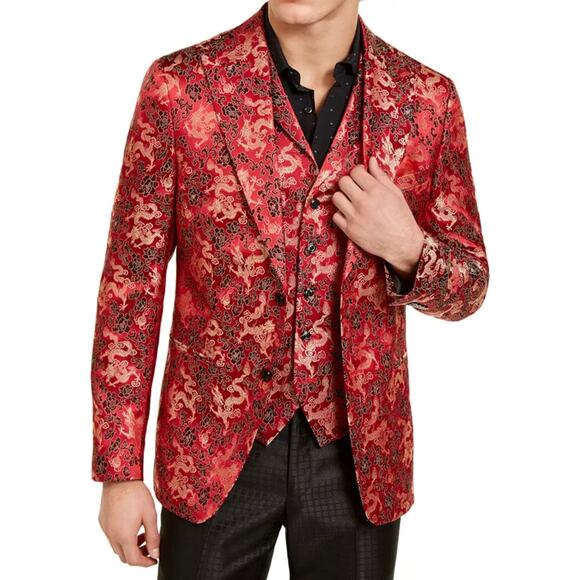 Men's Slim Fit Dragon Red Satin Blazer Dinner Jacket Modern Hipster StreetWear - Picture 2 of 11